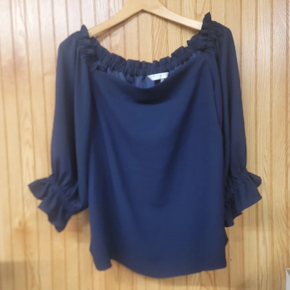 Trina Turk Navy Blue Off Shoulder Ruffle Sleeve Blouse Quiet Luxury Top Large